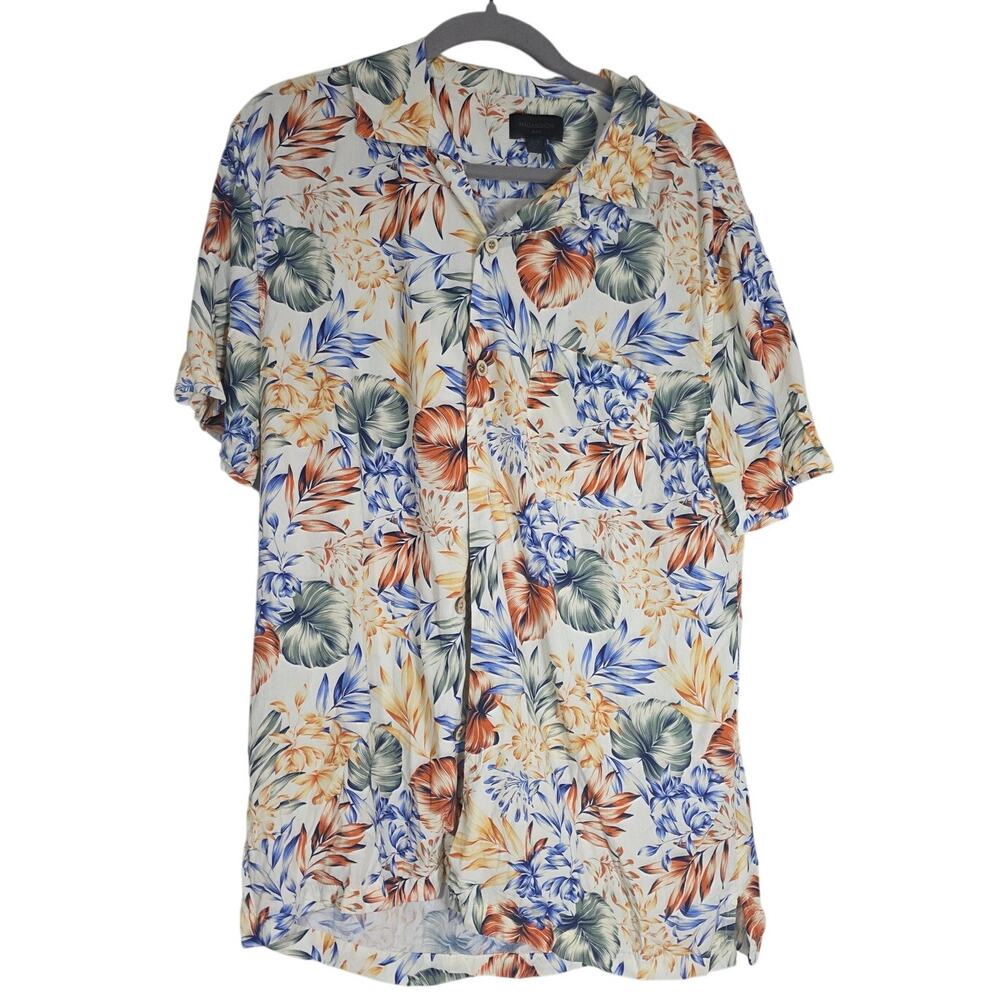 Magaschoni Men's Large Viscose Camp Shirt Floral Tropical Frond Resort Vacation